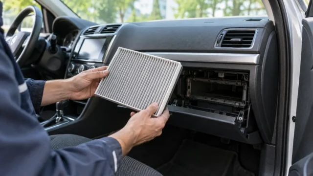 Mecânico inspeciona filtro de cabine de carro junto ao compartimento do porta-luvas