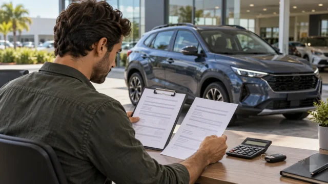 Comprador compara propostas de financiamento diante de um SUV genérico em concessionária