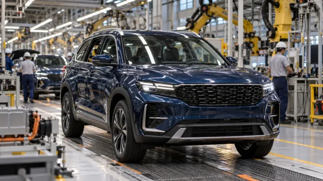SUV híbrido azul em linha de montagem automotiva moderna no Brasil