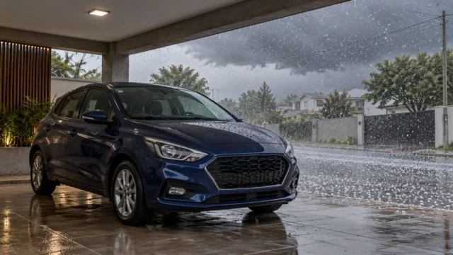 Carro protegido sob cobertura enquanto cai granizo do lado de fora
