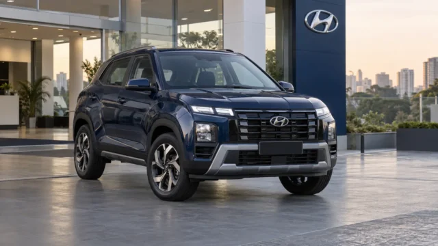 Hyundai Creta 2026 azul em frente a uma concessionária