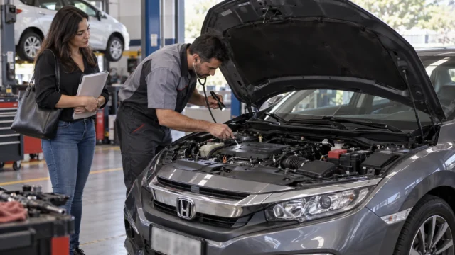 Mecânico inspecionando carro usado com motor retificado antes da compra