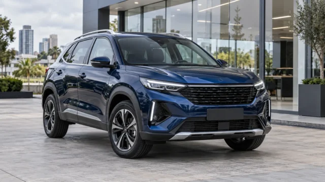 SUV compacto azul diante de concessionária moderna em referência à comparação do Peugeot 2008 2027