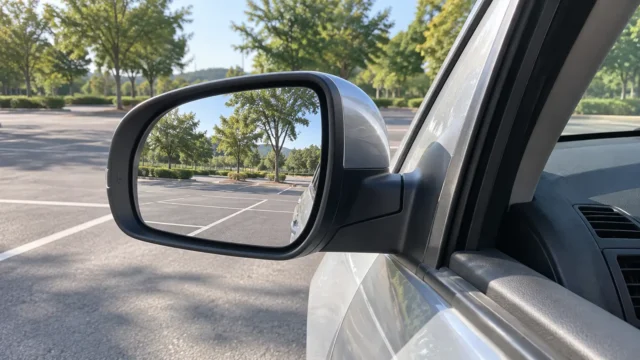 Retrovisor lateral de carro genérico estacionado, visto junto à coluna dianteira durante avaliação de visibilidade