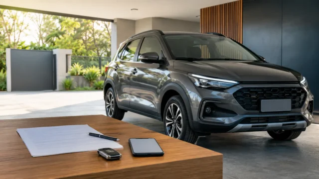 SUV genérico ao lado de contrato, chave e celular para comparar proteção veicular