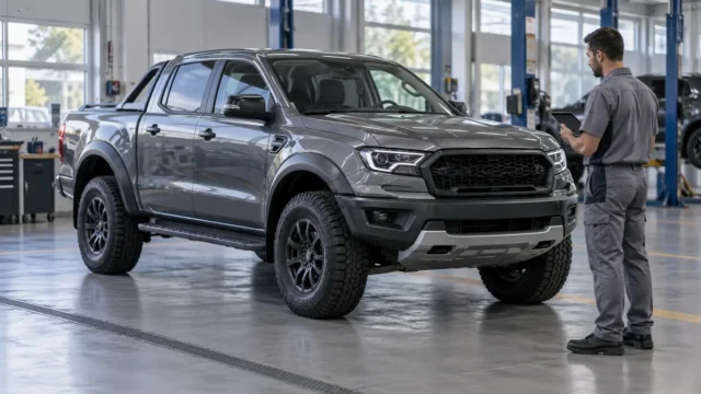 Picape cinza em área de inspeção automotiva com técnico ao lado