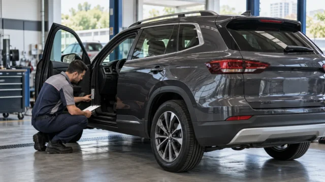 SUV escuro em oficina enquanto técnico confere o número do chassi com uma prancheta
