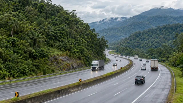 Rodovia de pista dupla atravessando serra coberta por Mata Atlântica
