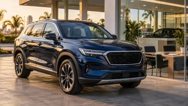 SUV médio azul diante de concessionária com mesa de negociação ao fundo