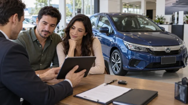 Casal comparando seguro para carro financiado ao lado do veículo