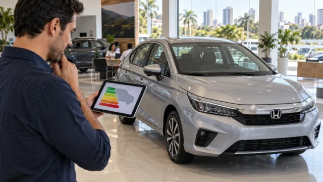 Motorista consultando a tabela de consumo do Inmetro em um tablet ao lado de um Honda City