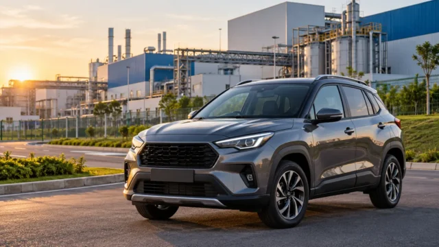 SUV compacto genérico diante de instalação industrial automotiva em Porto Feliz