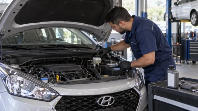 Mecânico verifica reservatório para a troca do fluido de freio em um Hyundai HB20