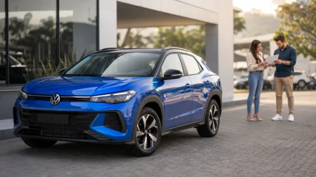 Volkswagen Tera 2026 azul diante de concessionária
