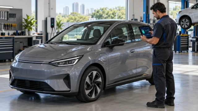 Técnico avalia no tablet a bateria de um carro elétrico usado em oficina