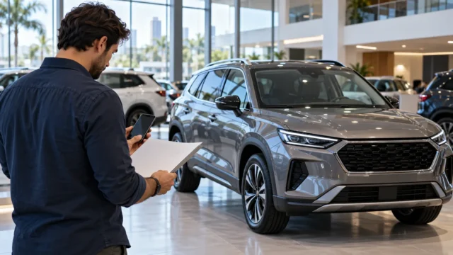 SUV importado genérico em concessionária enquanto comprador confere uma proposta no celular