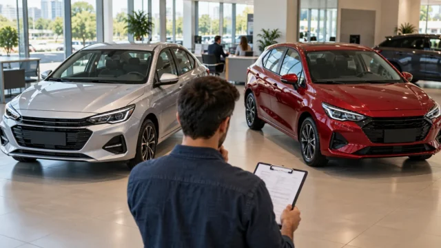 Comprador compara sedã e hatch compactos genéricos em concessionária
