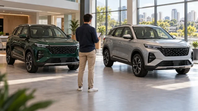 SUV híbrido genérico em concessionária durante comparação de versões