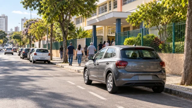 Motorista estaciona corretamente perto de um prédio usado como local de votação